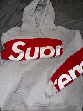 Supreme Gray Hoodie with Red Logo Panels